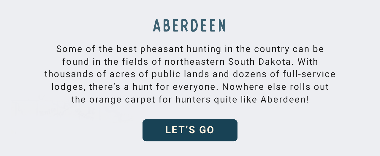 Aberdeen - Some of the best pheasant hunting in the country can be found in the fields of northeastern South Dakota. With thousands of acres of public lands and dozens of full-service lodges, there's a hunt for everyone. Nowhere else rolls out the orange carpet for hunters quite like Aberdeen! - Let's go!