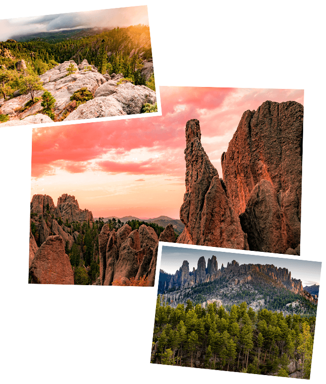 A collage of images of beautiful areas in South Dakota