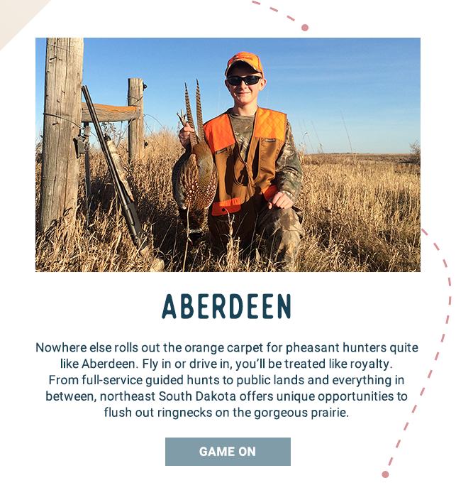 Aberdeen - Nowhere else rolls out the orange carpet for pheasant hunters quite like Aberdeen. Fly in or drive in, you’ll be treated like royalty. From full-service guided hunts to public lands and everything in between, northeast South Dakota offers unique opportunities to flush out ringnecks on the gorgeous prairie. Game On!